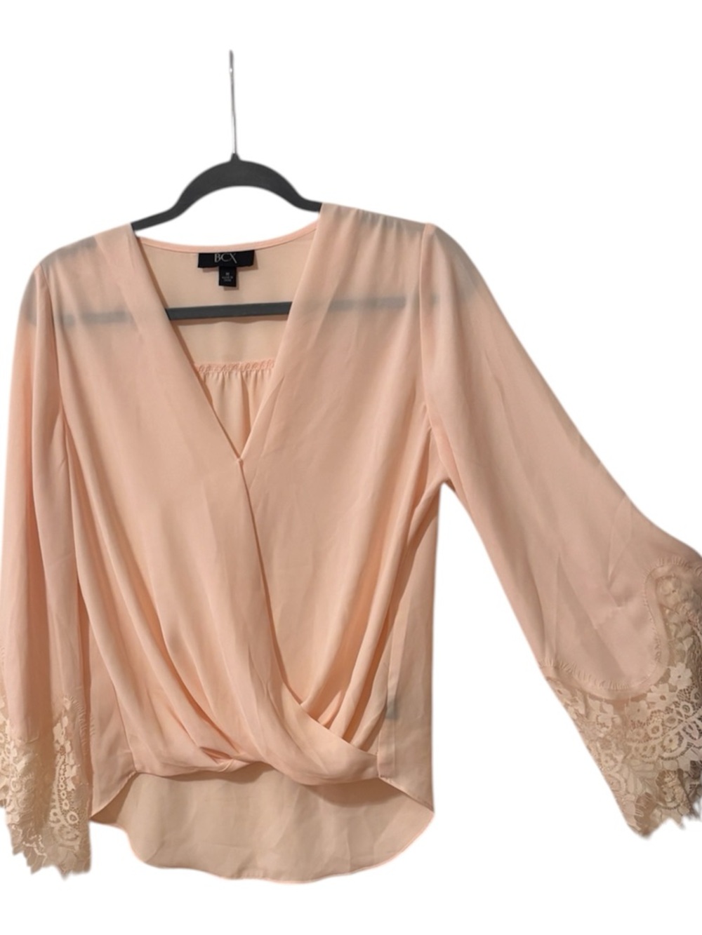 BCX Pink blouse with bell lace trimmed sleeves Boho Hippie Festival
